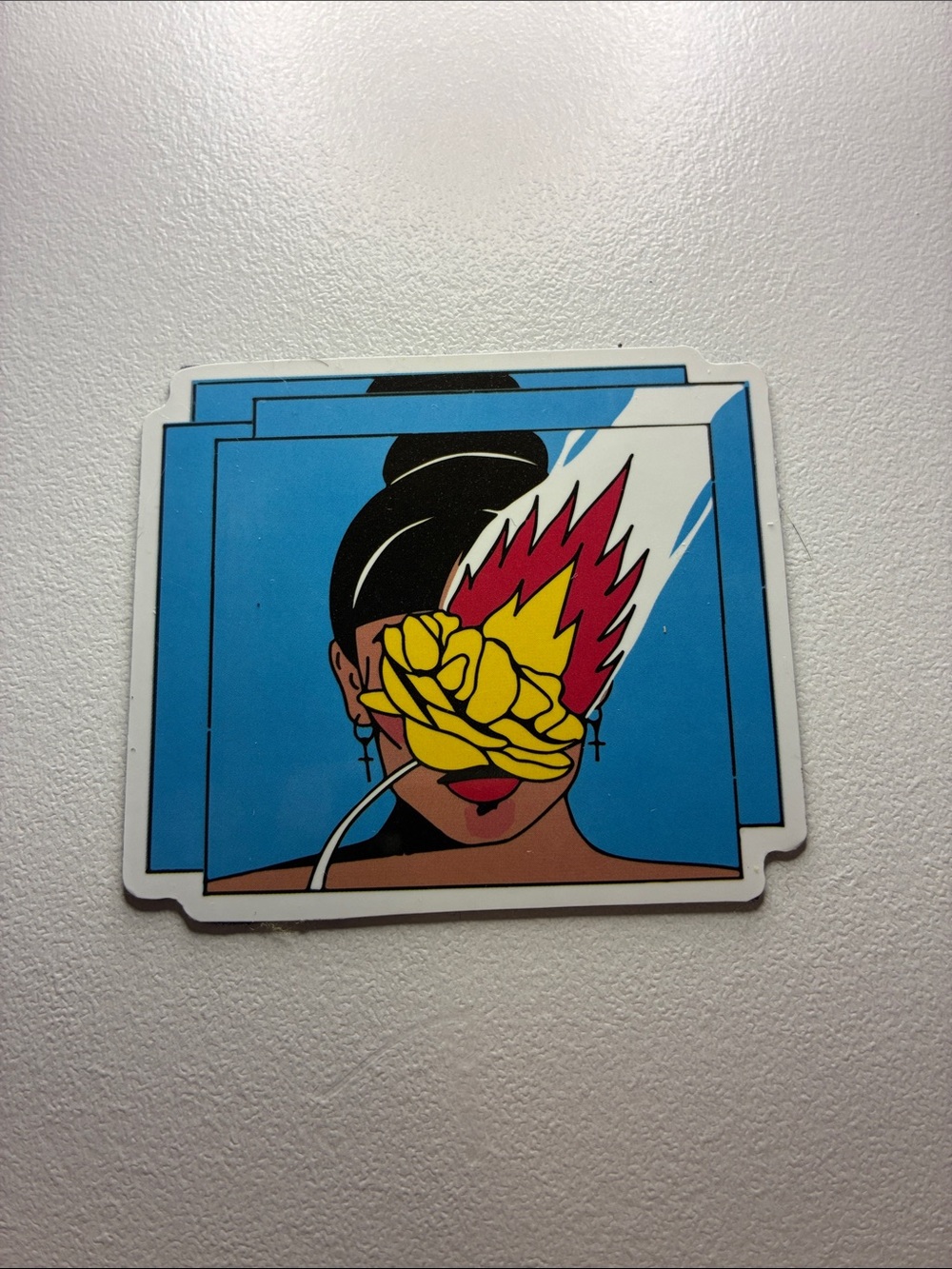 Graphic Magnet of woman with rose and flames